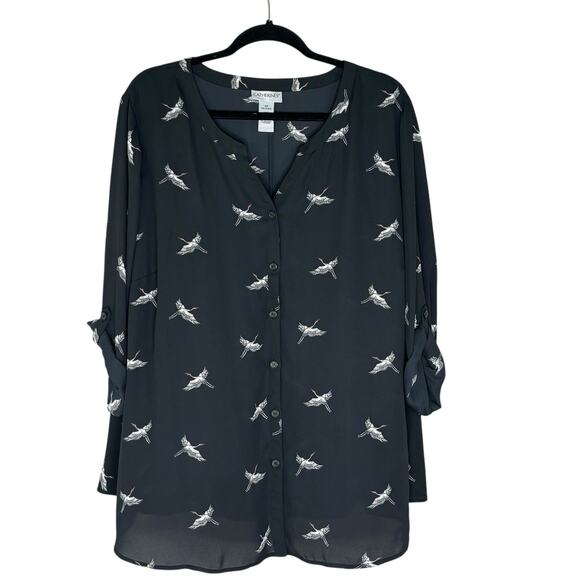 Catherines Top 3X Black Crane Print Roll Tab Sleeve Semi Sheer Button Up Tunic - Picture 1 of 6